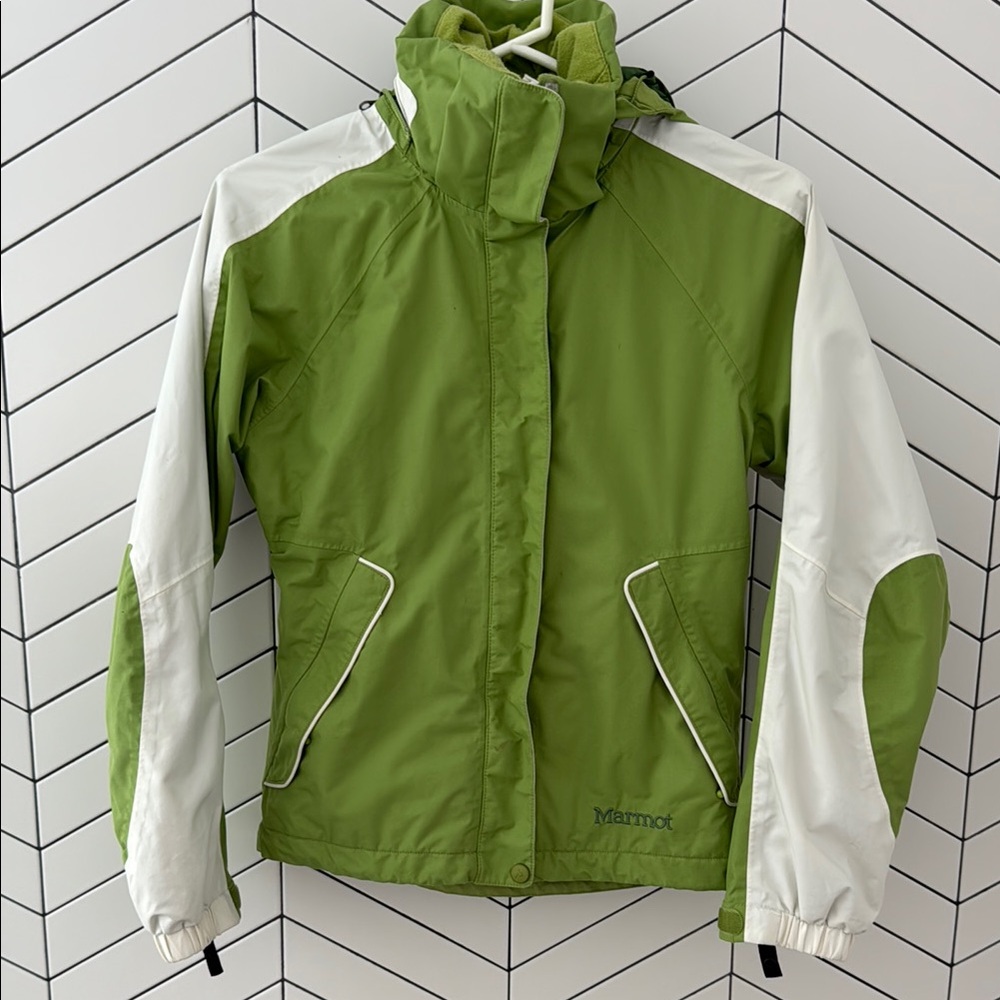 Marmot green and White hooded ski Jacket